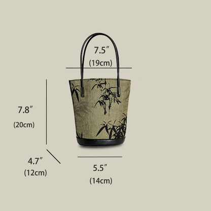 Ink Bamboo Printed Green Bucket Bag with Leather Strap