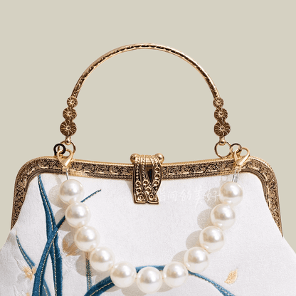 Orchid Embroidered Pearl Handle Handbag with Metal Lock