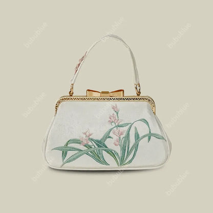 Vintage Orchid Embroidered Handbag with Metal Butterfly Lock