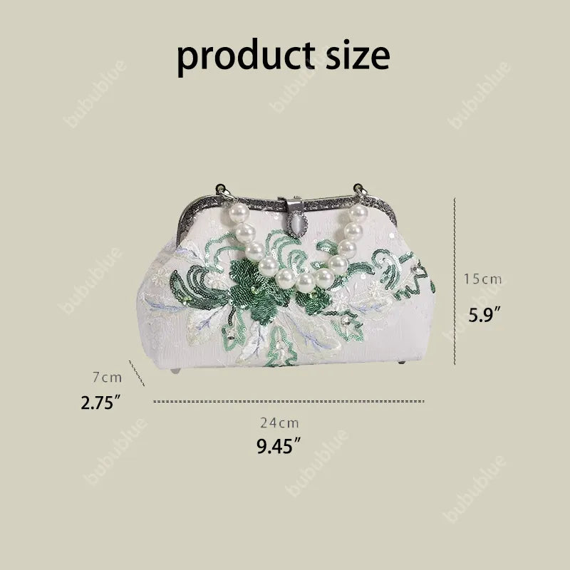 Emerald Green Floral Embroidered Clutch Bag With Pearl Handle