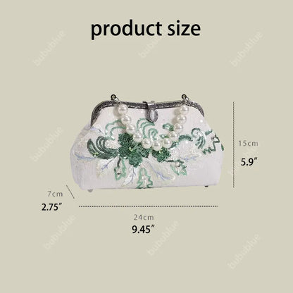 Emerald Green Floral Embroidered Clutch Bag With Pearl Handle