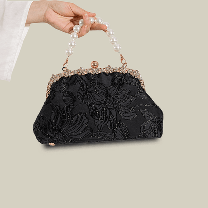 Floral Embroidered Pearl Handle Black Handbag