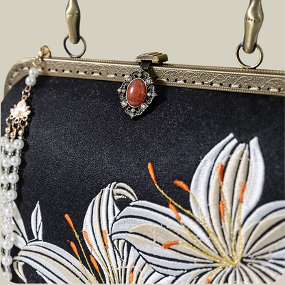 Lily Embroidered Handbag with Pearl Tassel