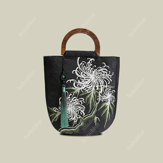 Vintage Chrysanthemum Embroidery Tote Bag with Wooden Handle