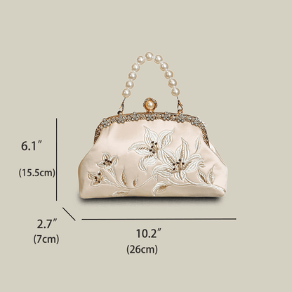 Lily Embroidered Handbag with Pearl Handle