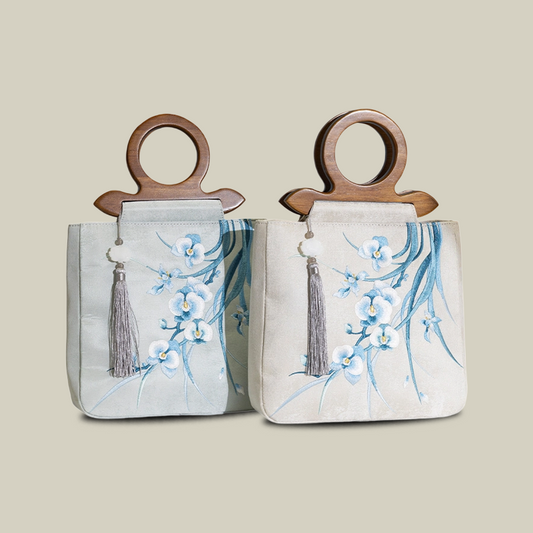 Phalaenopsis Whisper Embroidered Tote with Wooden Handle
