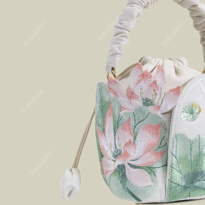 Lotus Embroidered Vintage Drawstring Green Bucket Bag with Soft Handle