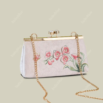 Orchid Vintage Embroidered Pink Handbag with Pearl Kiss