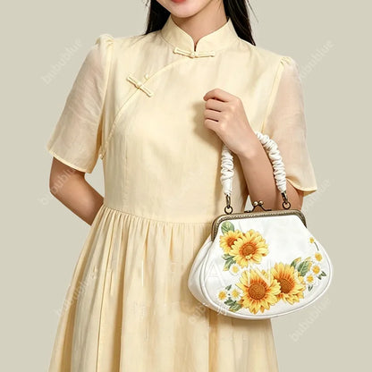 Sunflower Embroidered  Vintage Shell Purse with Kiss Lock
