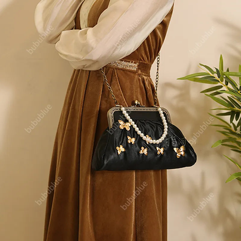 Vintage French Light Luxury Butterfly Embroidery Kiss Lock Black Evening Clutch