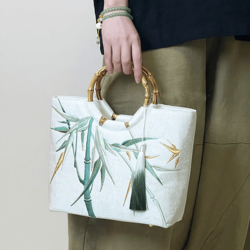 Bamboo Embroidered White Tote Bag with Bamboo Handle