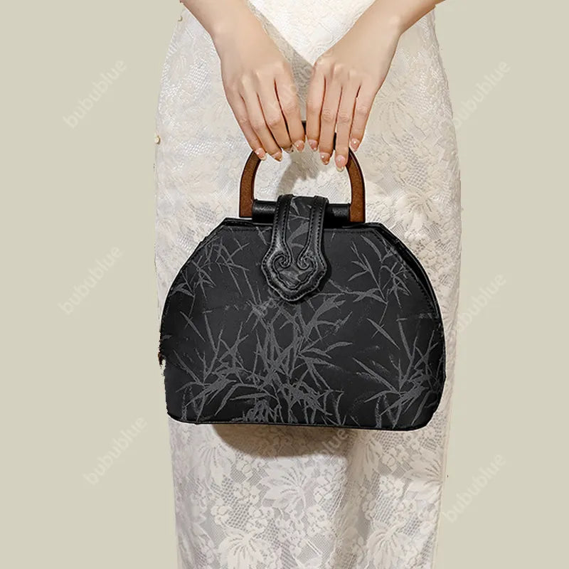Bamboo Leaf Print Wooden Handle Shell Bag with Crossbody Strap