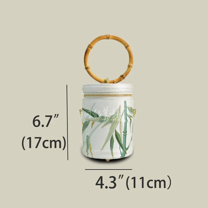 Vintage Bamboo Embroidered Bucket Bag with Bamboo Handle