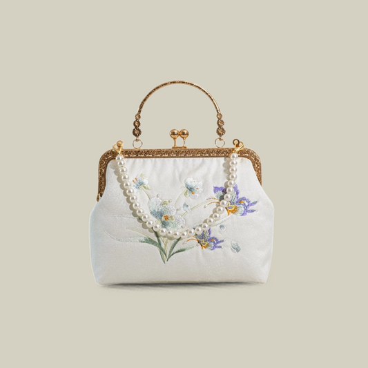 Butterfly Embroidered White Kiss-Lock Handbag