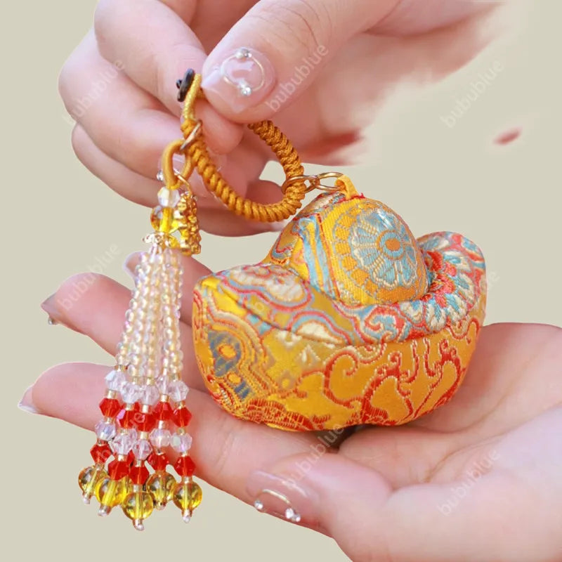 Song Brocade Ingot-Shaped Lucky Sachet Pendant With Rice Bead Tassels