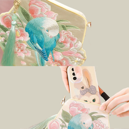 Cute Crossbody Mobile Phone Bag With Flower And Bird Embroidery