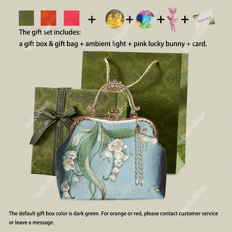 Lily of the Valley Embroidered Kiss-Lock White Handbag with Pearl Tassel