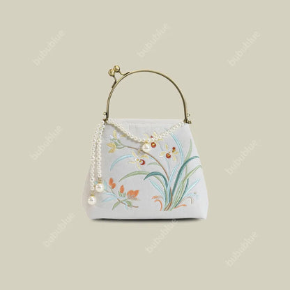 Cotton And Linen Orchid Embroidery Handbag With Pearl Chain (White/Red/Orange-Brown)