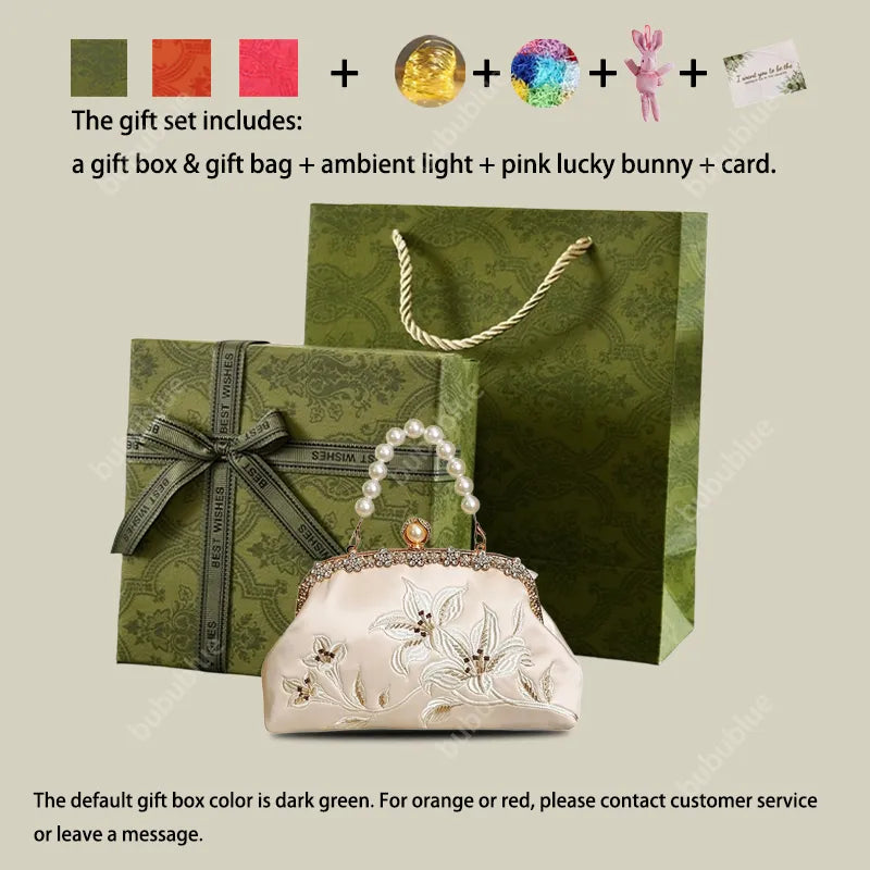 Lily Embroidered Handbag with Pearl Handle