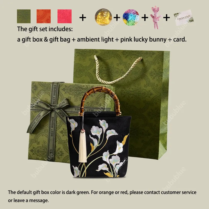 Embroidered Calla Lily Tote Bag with Wooden Handle