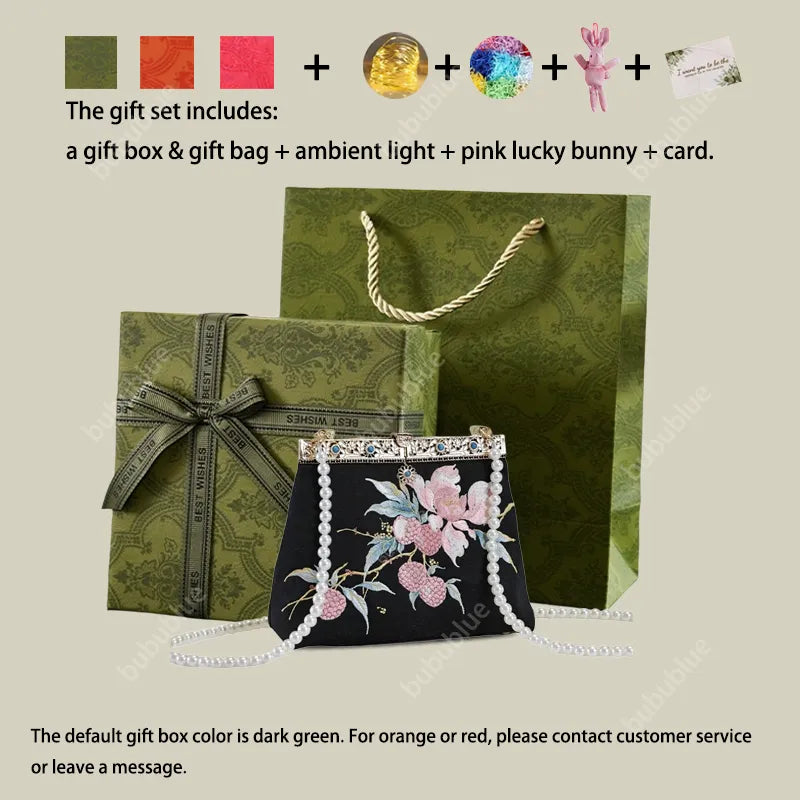 Vintage Lychee Embroidered Satin Handbag with Metal Beads