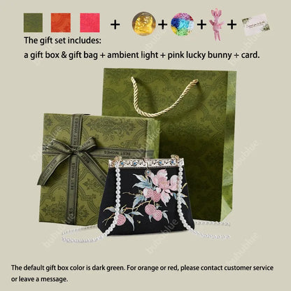 Vintage Lychee Embroidered Satin Handbag with Metal Beads