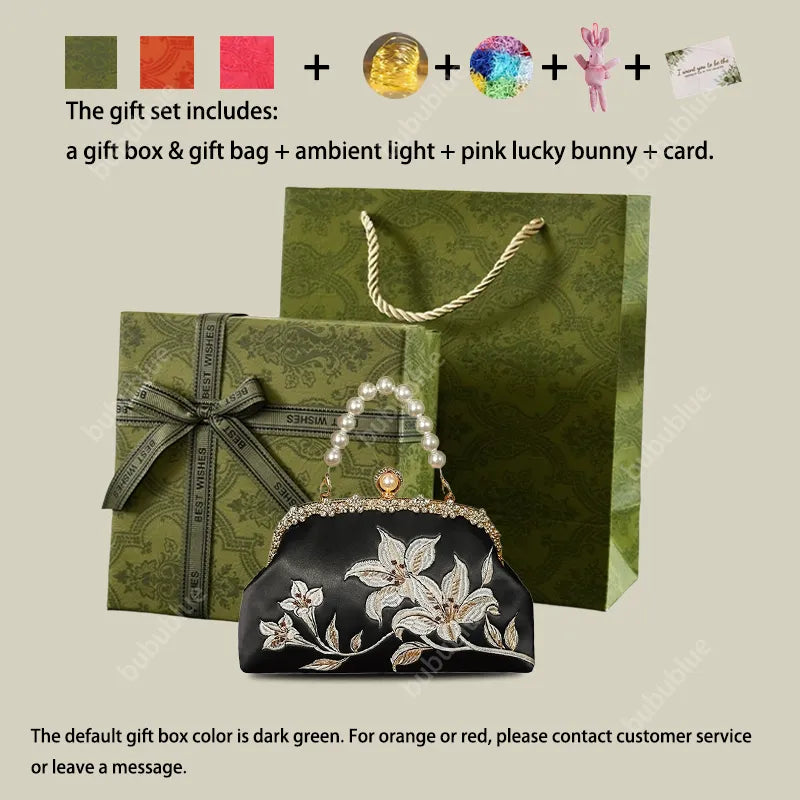 Lily Embroidered Handbag with Pearl Handle