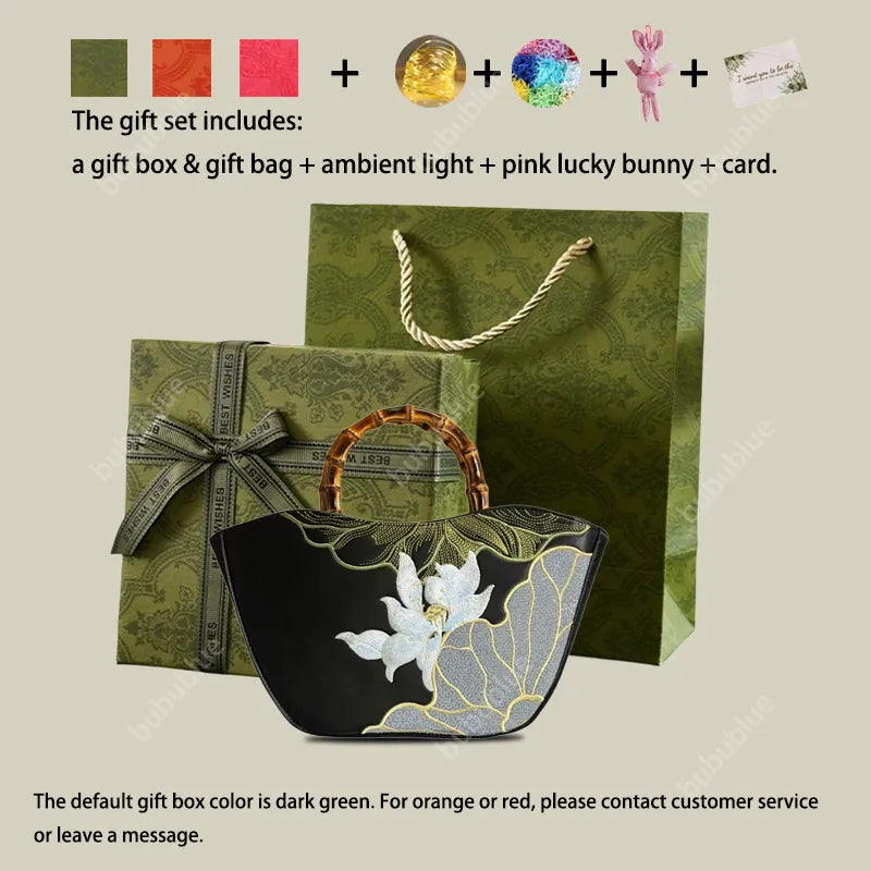 Lotus Embroidery Bamboo Handle Tote Bag