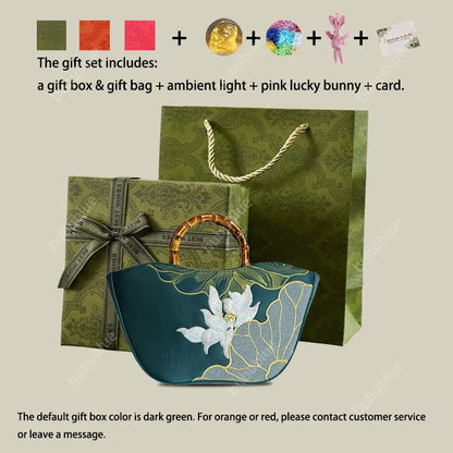 Lotus Embroidery Bamboo Handle Tote Bag