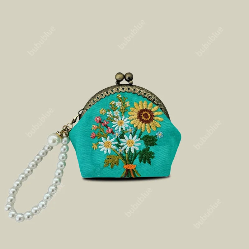 Vintage Handmade Floral Embroidered Mini Shell Kiss Lock Coin Purse