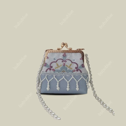 Pearl Tassel Embroidered Lace Vintage Mini Kiss Lock Coin Purse