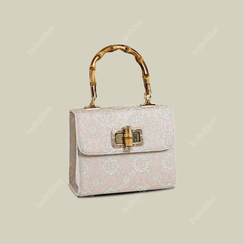 Gold Brocade Square Clutch Box with Bamboo Handle