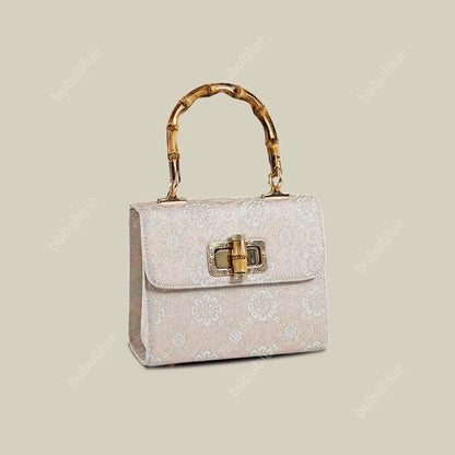 Gold Brocade Square Clutch Box with Bamboo Handle