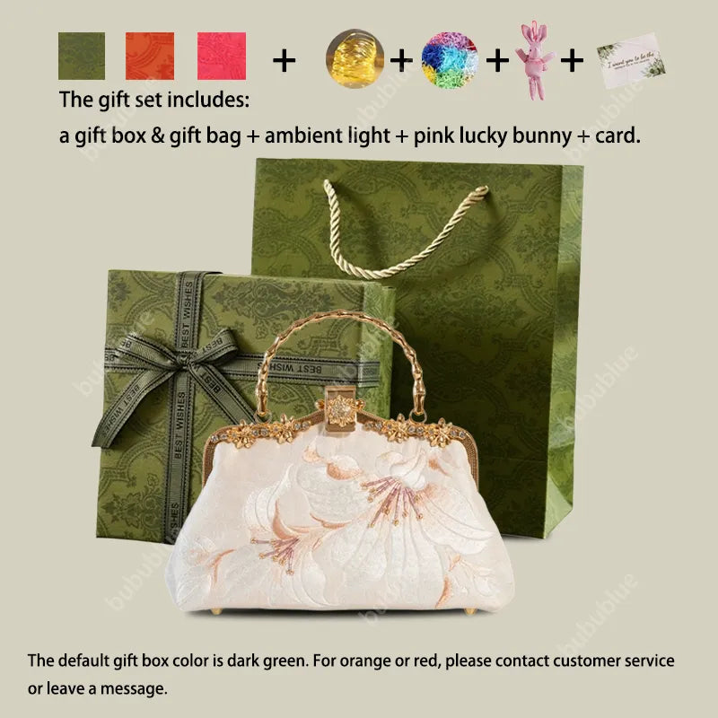 Lily Embroidered Pearl Chain Handbag with Metal Handle