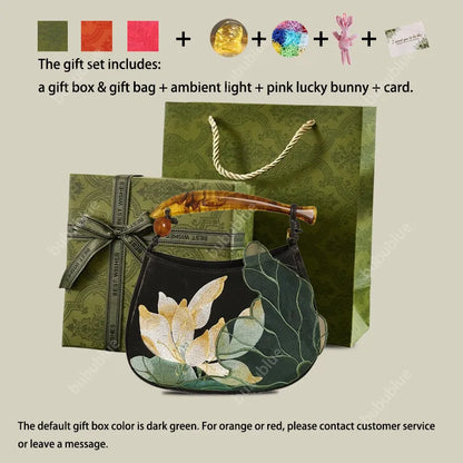 Lotus Embroidered Handbag with Fish Shape Handle