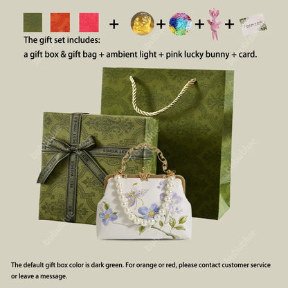 Butterfly Embroidered White Handbag with Metal Kiss-Lock