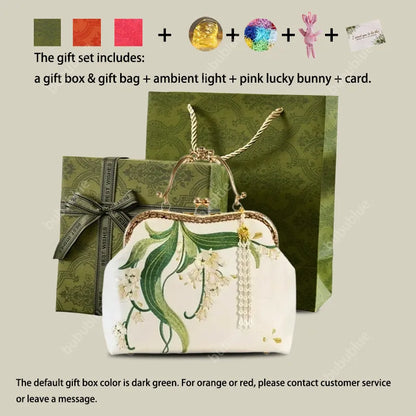 Lily of the Valley Embroidered Kiss-Lock White Handbag with Pearl Tassel