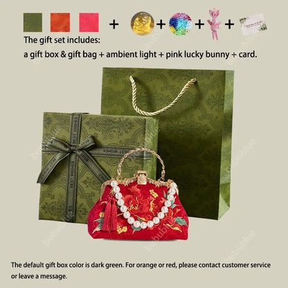 Red Peony Bloom Embroidered Handbag Bag with Pearl Handle