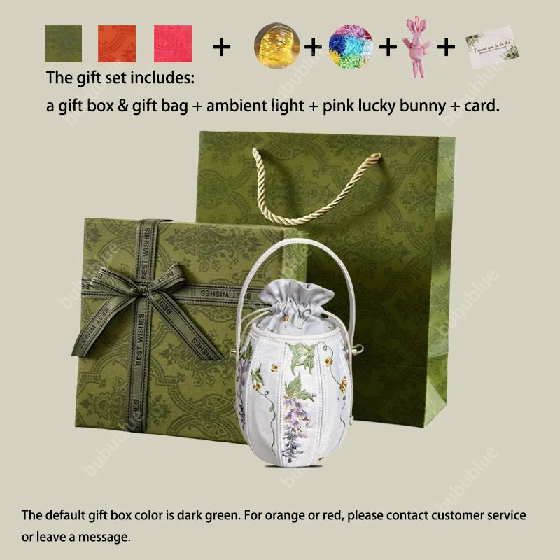 Wisteria Embroidered Drawstring Bucket Bag in Cream Satin