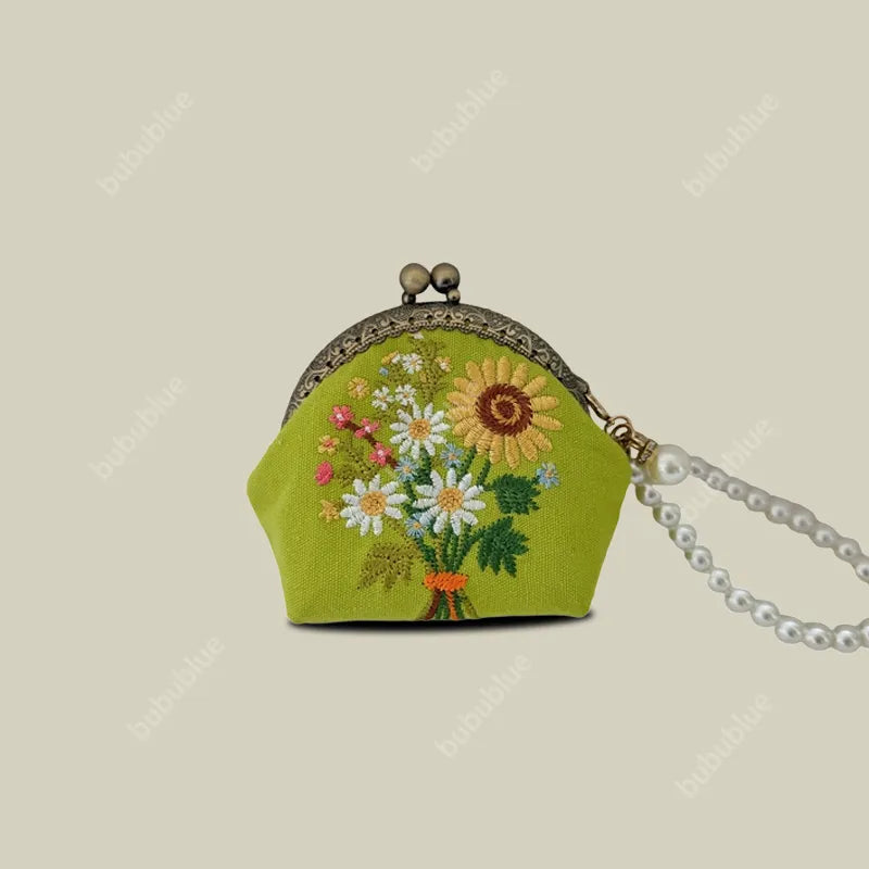 Vintage Handmade Floral Embroidered Mini Shell Kiss Lock Coin Purse