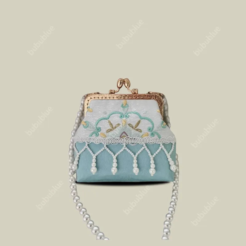 Pearl Tassel Embroidered Lace Vintage Mini Kiss Lock Coin Purse