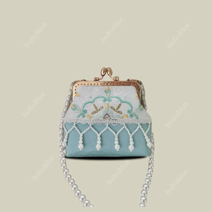 Pearl Tassel Embroidered Lace Vintage Mini Kiss Lock Coin Purse
