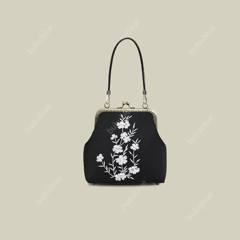 Milk Silk White Nightshade Embroidered Small Square Bag With Leather Handle