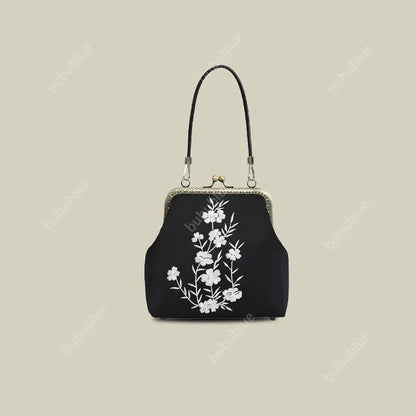 Milk Silk White Nightshade Embroidered Small Square Bag With Leather Handle