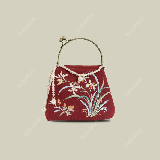 Cotton And Linen Orchid Embroidery Handbag With Pearl Chain (White/Red/Orange-Brown)