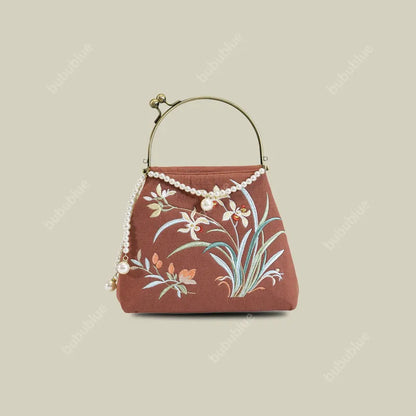 Cotton And Linen Orchid Embroidery Handbag With Pearl Chain (White/Red/Orange-Brown)