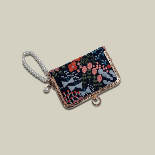 Blossom Stitch Card Wallet with Pearl Wristle With Compartments