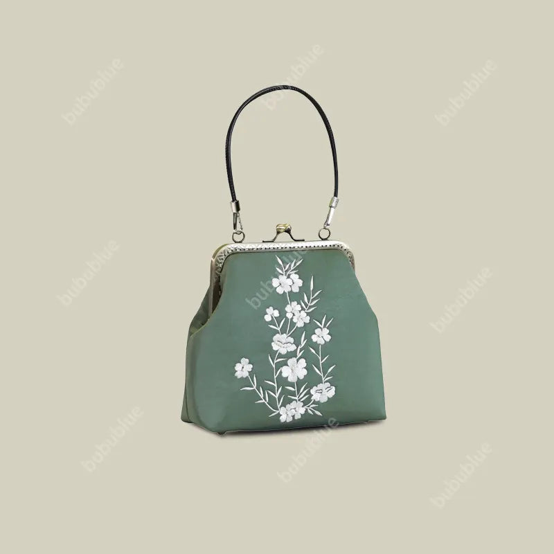 Milk Silk White Nightshade Embroidered Small Square Bag With Leather Handle
