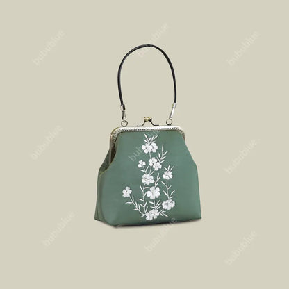 Milk Silk White Nightshade Embroidered Small Square Bag With Leather Handle