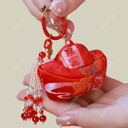 Song Brocade Ingot-Shaped Lucky Sachet Pendant With Rice Bead Tassels